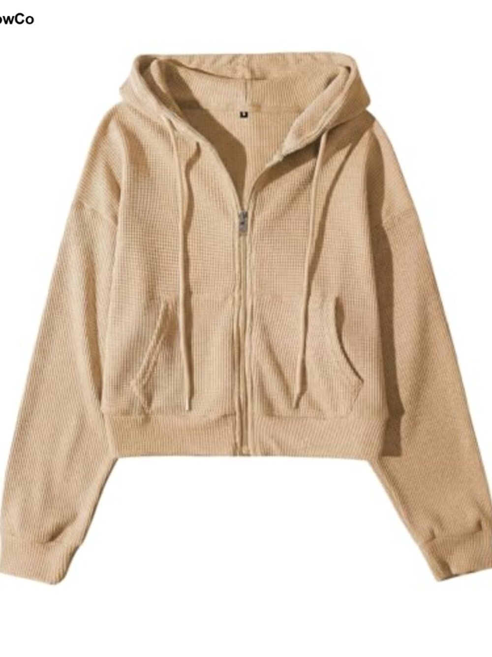 Cropped Zip Up Hoodie for Women Waffle Knit Lightweight Sweatshirt Jacket